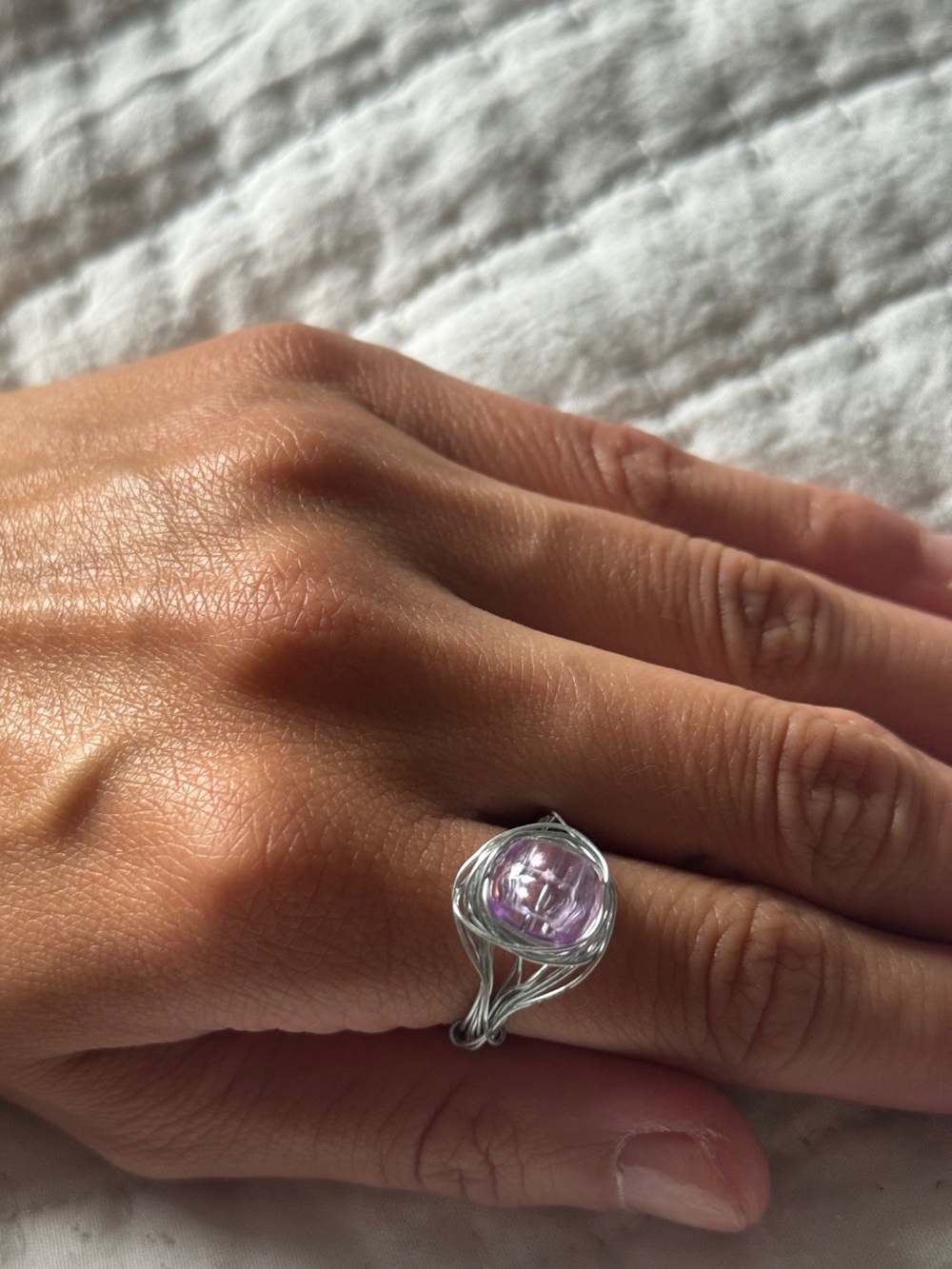Handmade Silver Wire Wrapped Ring w/ Lilac Purple Glass Bead – Fits Size 6